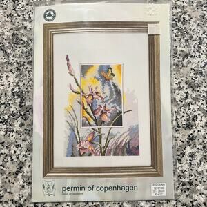Permin of Copenhagen Iris Flowers Butterfly Cross Stitch Kit 8x11 12-3196